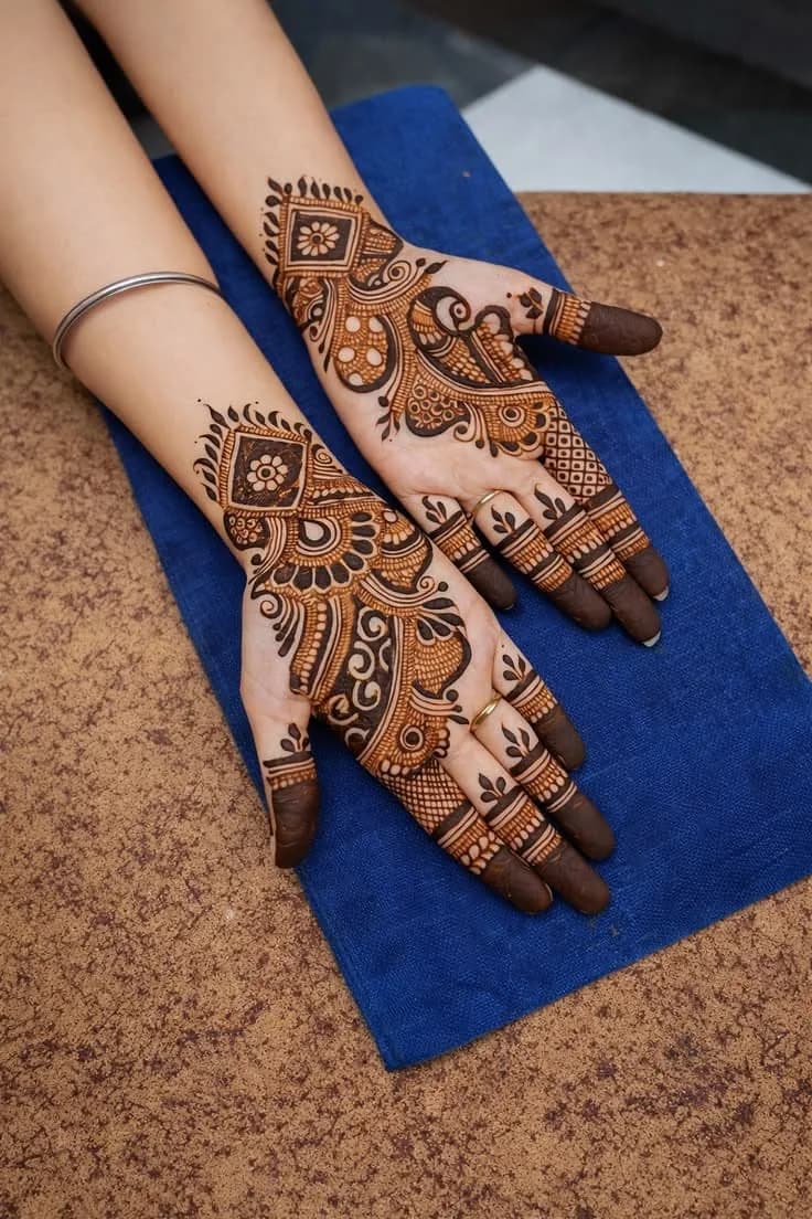 Engagement mehandi with floral trail and ring space