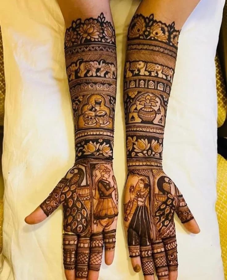 Baraat and dulha dulhan bridal mehandi on both hands