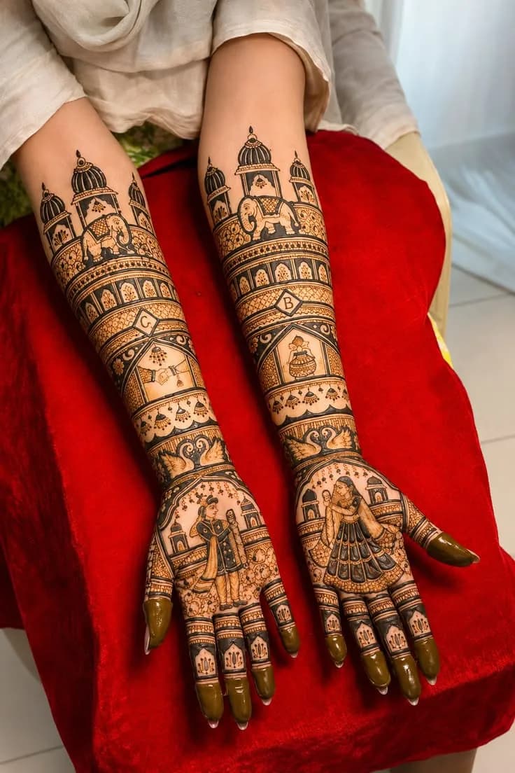 Palace and bride figure bridal mehandi, full arm, mehandi for Chatra weddings