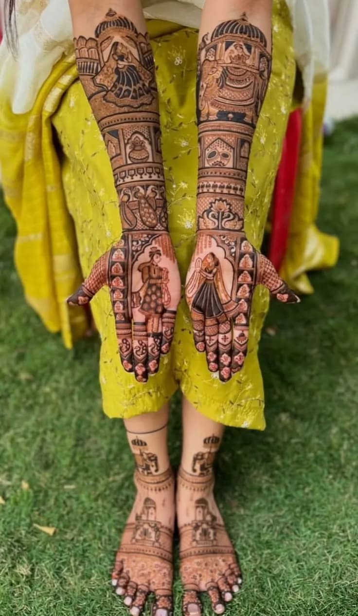 Matching bridal mehandi on hands and feet, mehandi for Chatra weddings