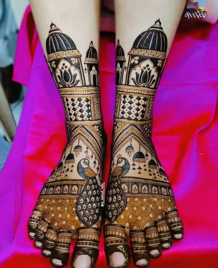 Palace and peacock bridal feet mehandi